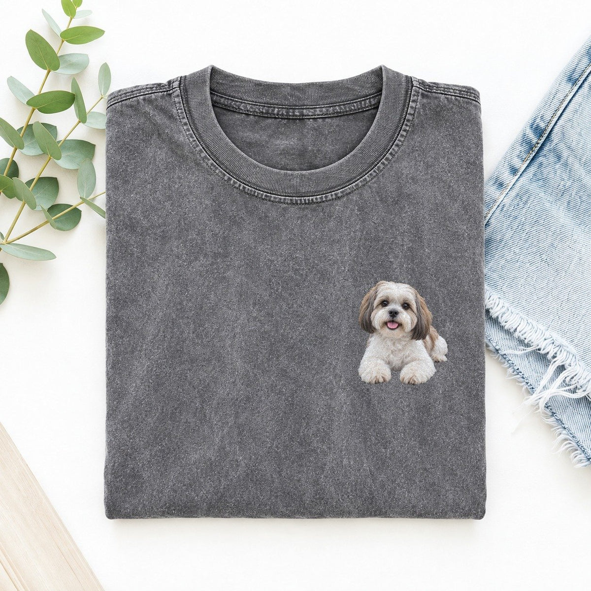 Shih Tzu Lying Down Left Chest Vintage T-shirt – Grey