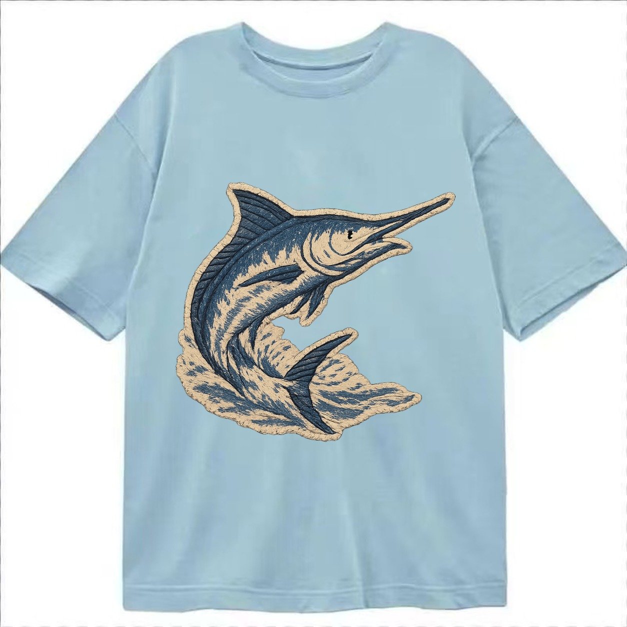 Embroidered Patch Design Swordfish Marlin Leaping Marlin In Classic T-shirt – Light Blue