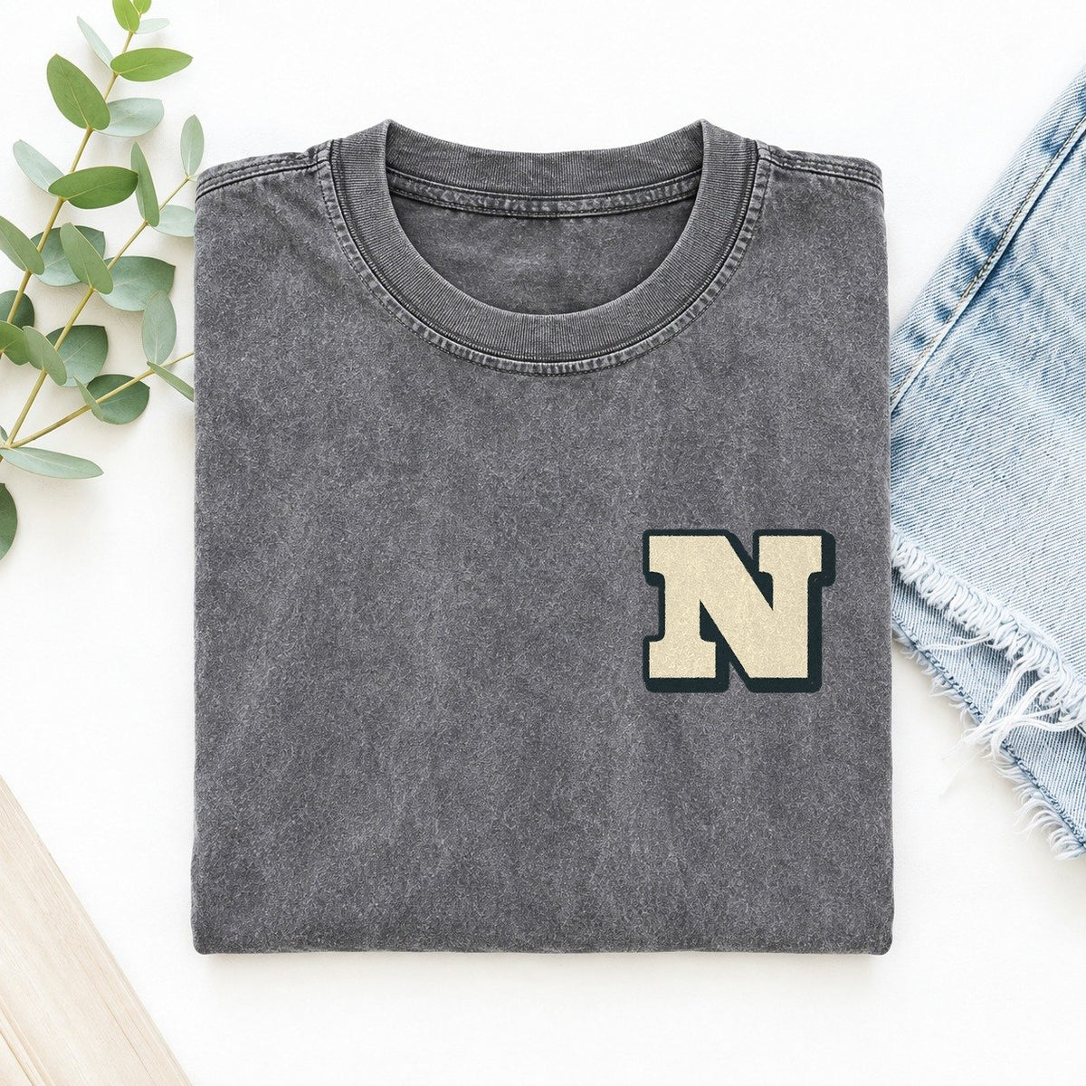 Initial N Left Chest Vintage T-shirt – Grey