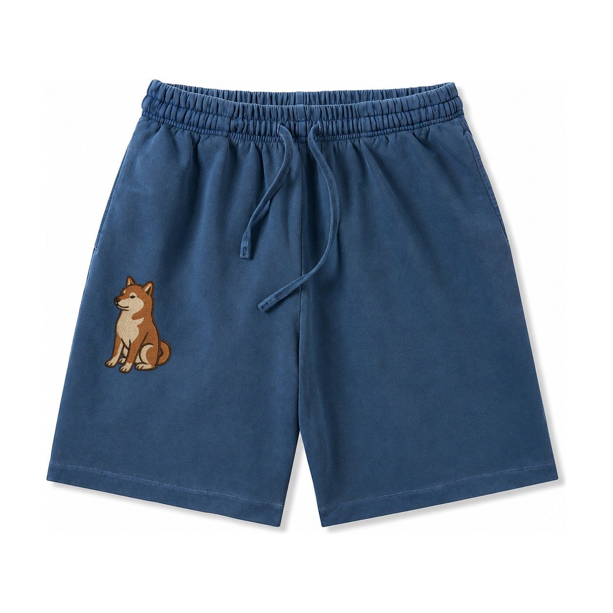 Shiba Inu Red Sesame Embroidered Sitting Pose Washed Shorts – Denim Blue