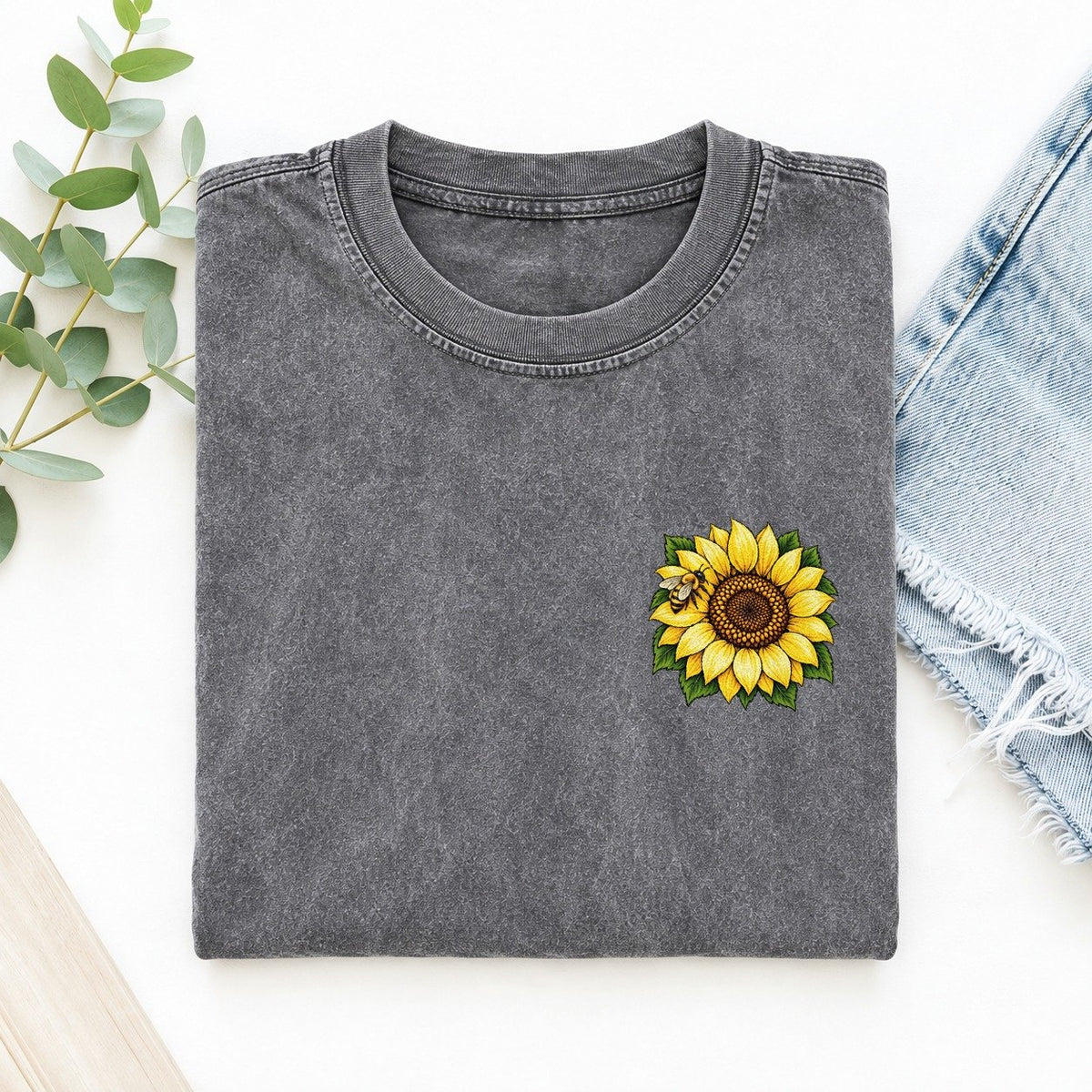 Vintage Sunflower Left Chest Vintage T-shirt – Grey