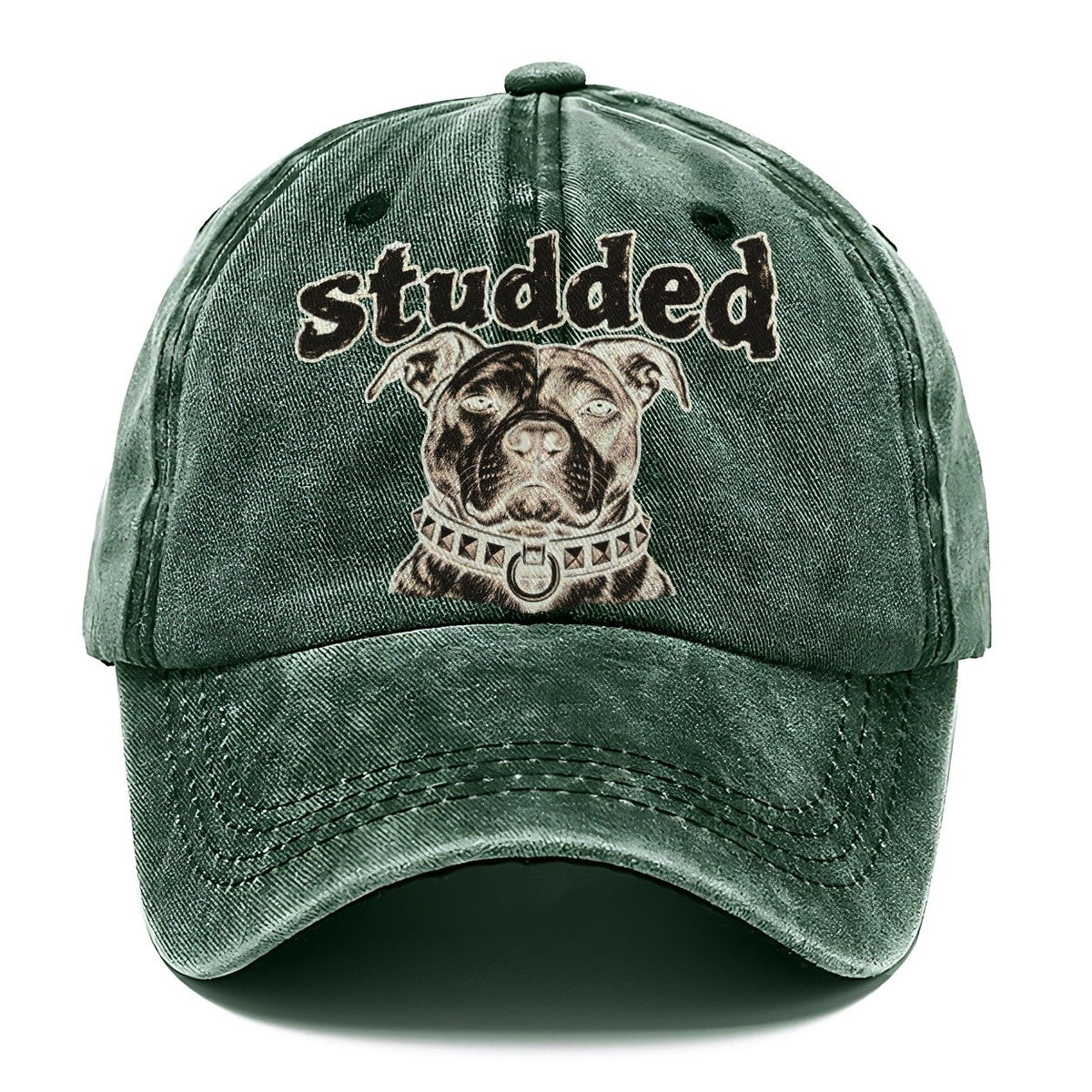 A Broad Skulled Dog Head Wearing A Heavy Studded Collar Bark For Me Classic Cap – Forest Mist