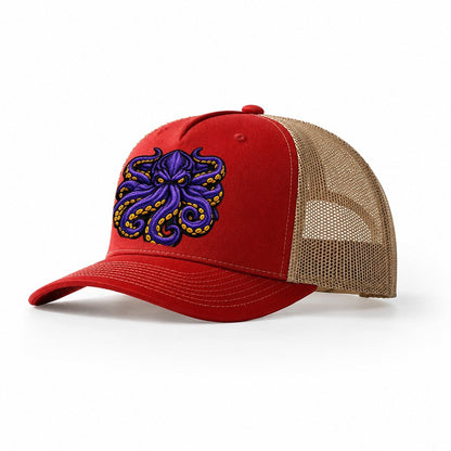 Embroidered Patch Design Kraken Tentacles Sea Monster In Pur Trucker Hat – Red-Khaki
