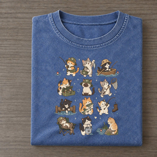 Fishing Day Cat Club Vintage T-shirt – Washed Blue