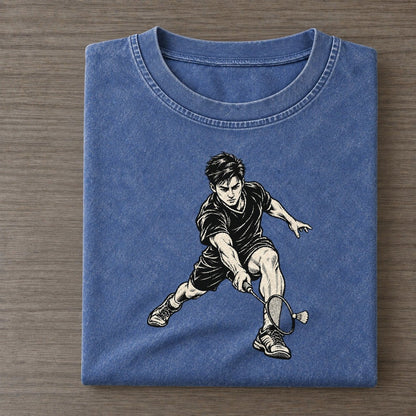 Badminton Deep Net Lunge Global Sports Ink Figures Vintage T-shirt – Washed Blue