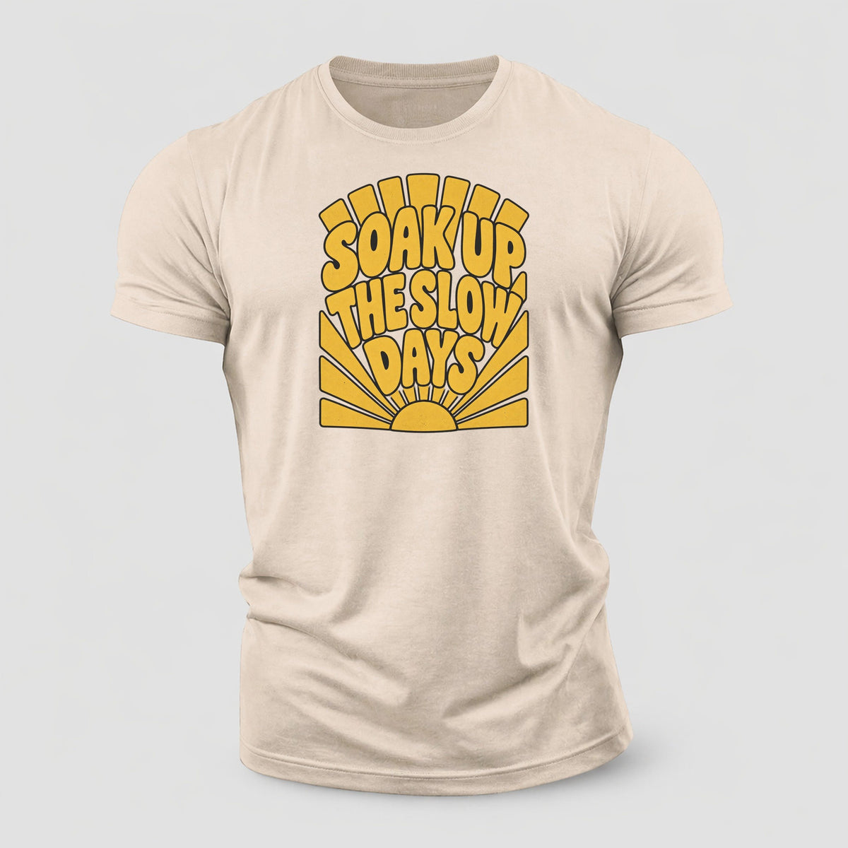 Soak Up The Slow Days Sunburst Sayings Cotton T-Shirt – Sand