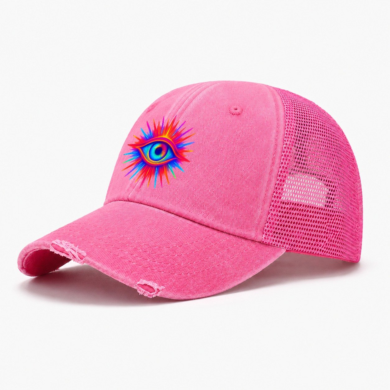 Rainbow Third Eye Prismatic Eye Radiating Spectrum Colors Re Washed Trucker Hat – Rose