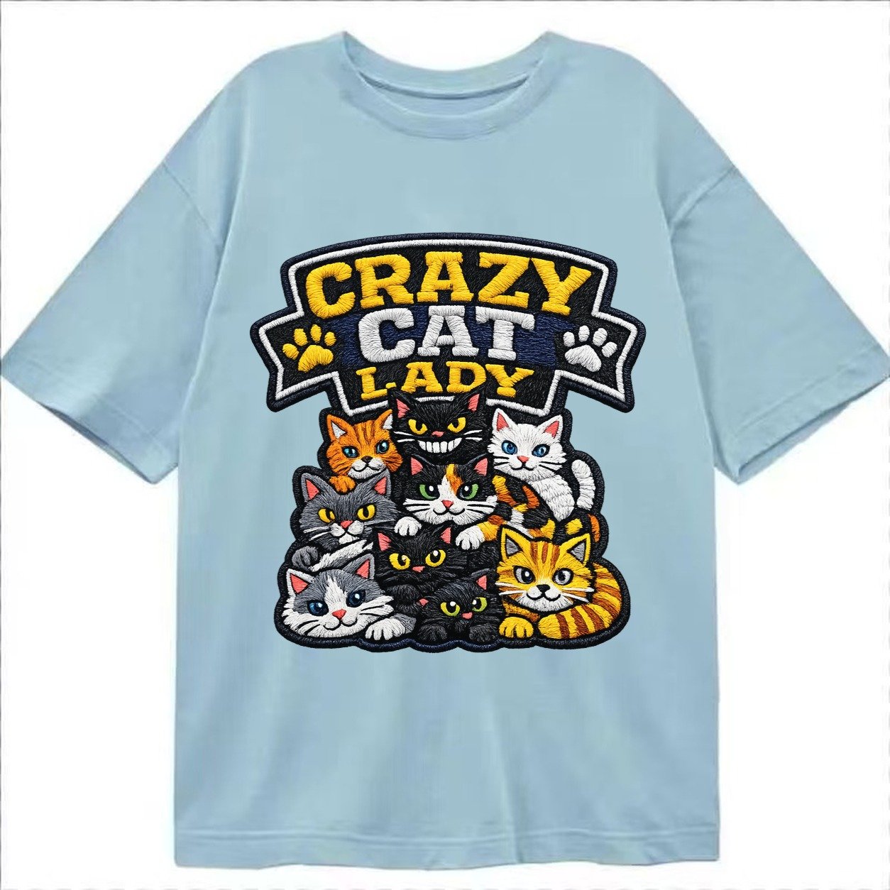 Embroidered Patch Design Crazy Cat Lady Cat Pile In Multicol Classic T-shirt – Light Blue