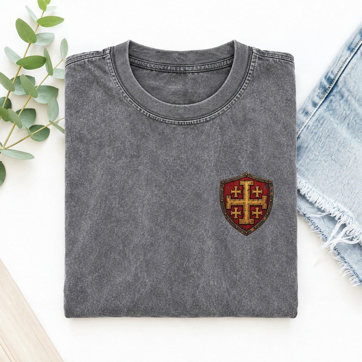 Crusader Shield Left Chest Vintage T-shirt – Grey