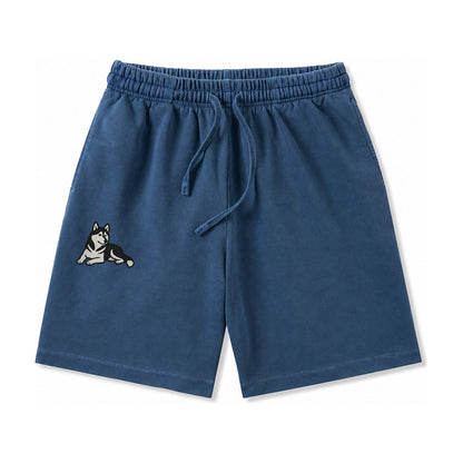 Siberian Husky Black And White Relaxed Lying Down With Head Washed Shorts – Denim Blue