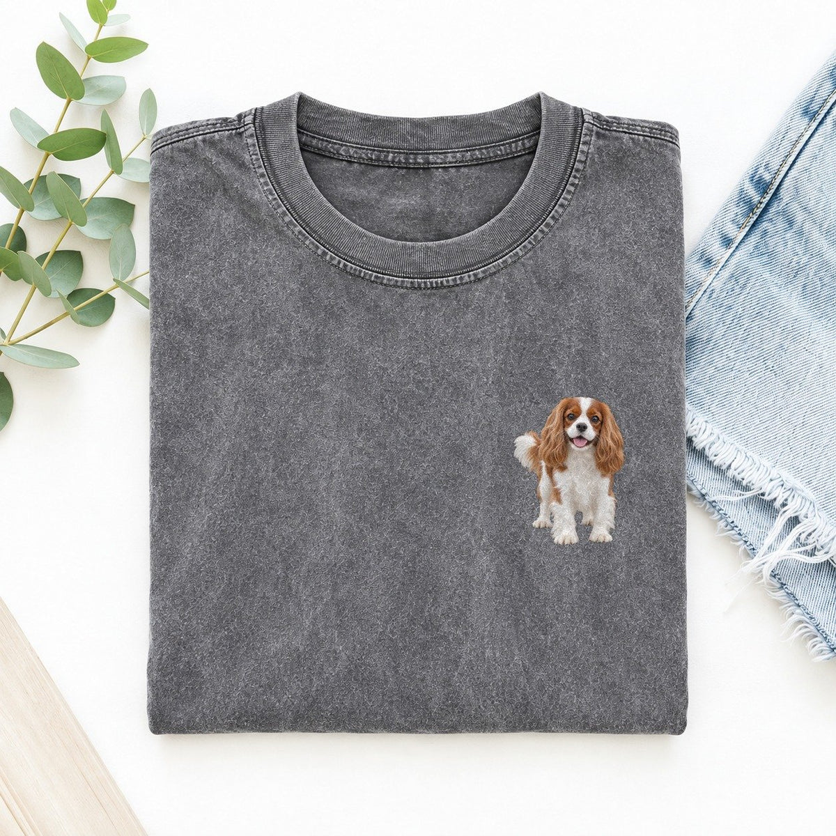 Cavalier Spaniel Standing Left Chest Vintage T-shirt – Grey