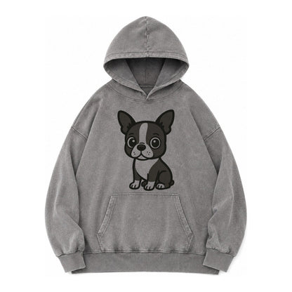 Boston Terrier Black And White Sitting Pose With Tuxedo Mark Vintage Washed Hoodie – Grey