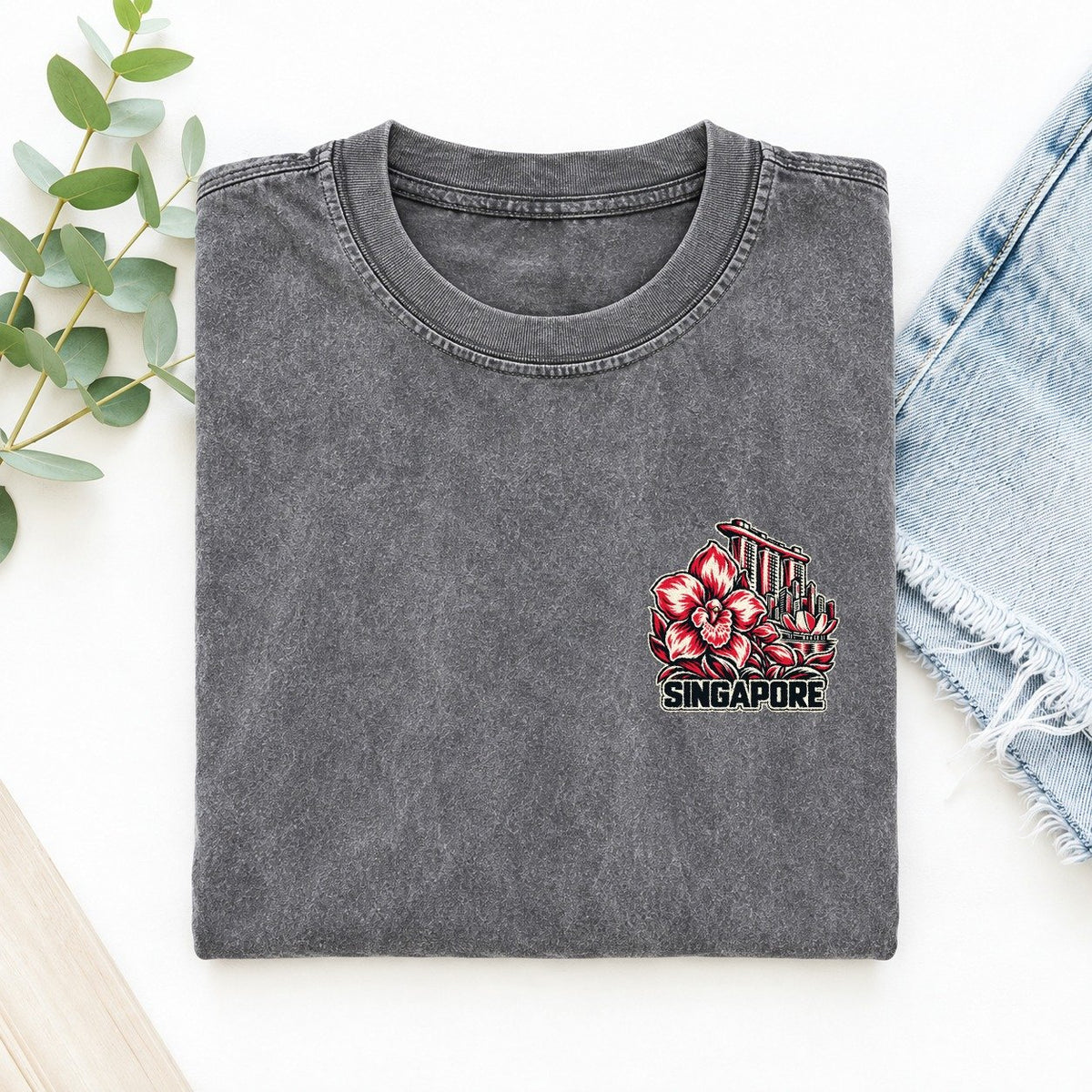 Singapore Country Pride Left Chest Vintage T-shirt – Grey