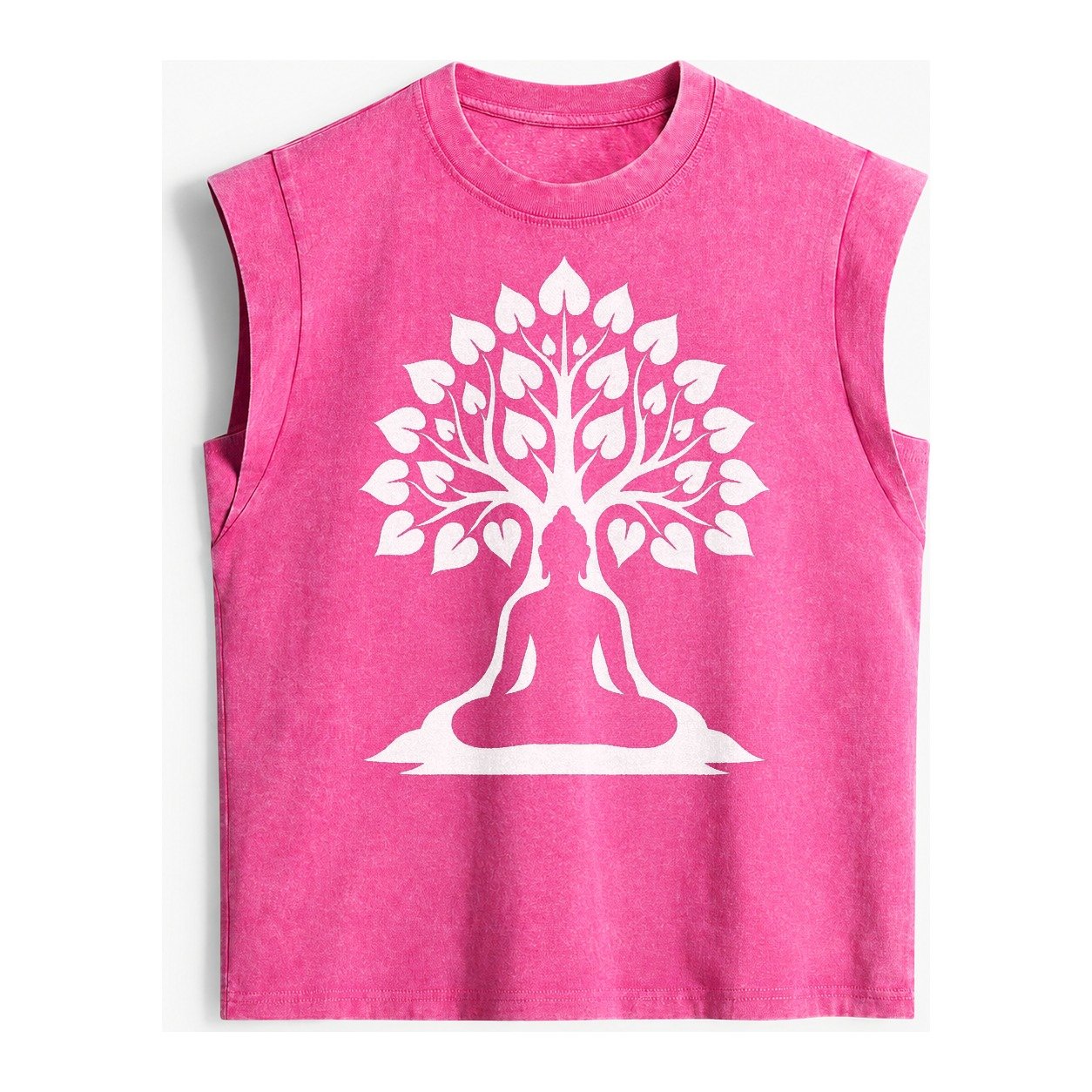 Buddha Silhouette Meditating Negative Space Forms Bodhi Tree Vintage Washed Tank – Pink