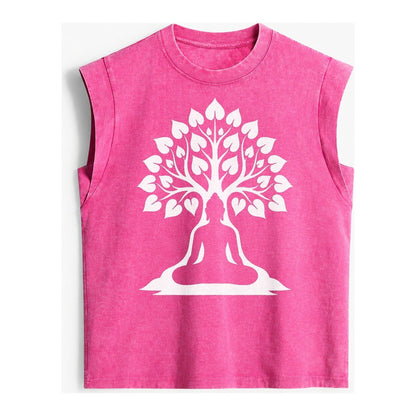 Buddha Silhouette Meditating Negative Space Forms Bodhi Tree Vintage Washed Tank – Pink