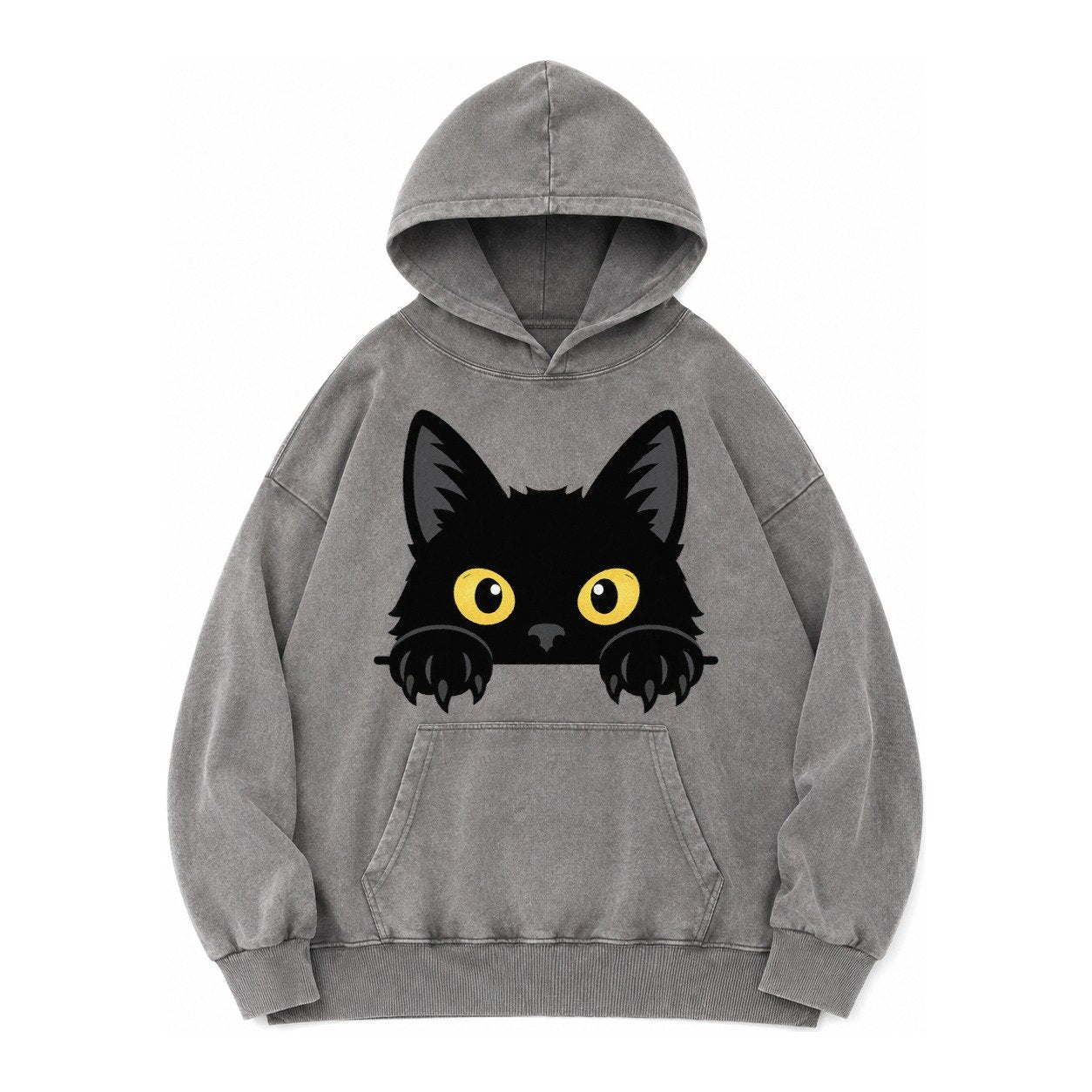 Black Cat Vintage Washed Hoodie – Grey