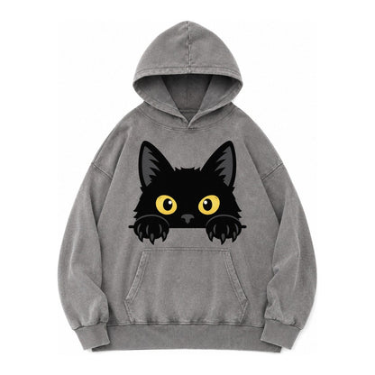 Black Cat Vintage Washed Hoodie – Grey