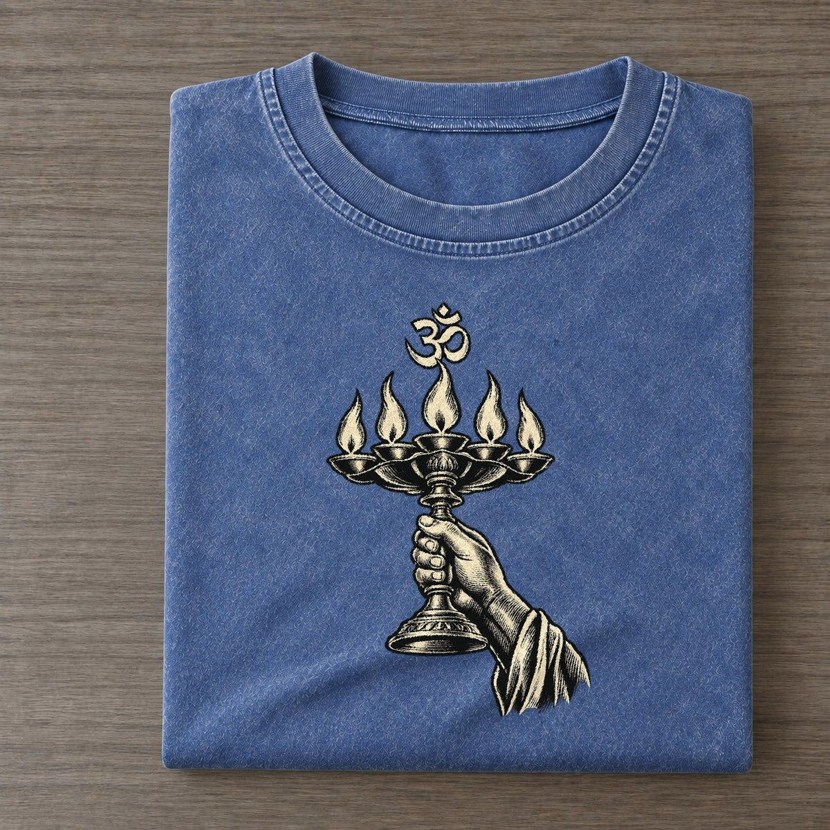 Hindu Aarti Lamp World Faiths Ink Figures Vintage T-shirt – Washed Blue