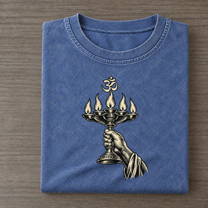 Hindu Aarti Lamp World Faiths Ink Figures Vintage T-shirt – Washed Blue