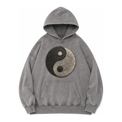 Mandala Yin Yang Vintage Washed Hoodie – Grey