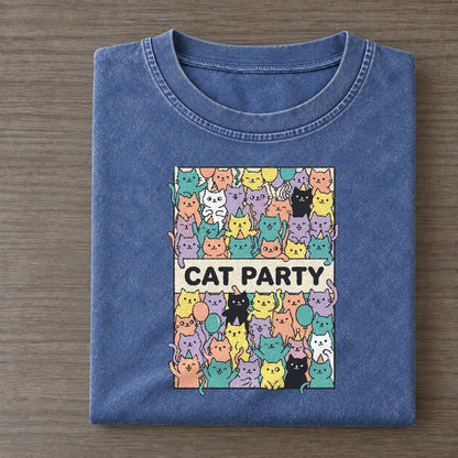 Cat Party Overcatted Vintage T-shirt – Washed Blue