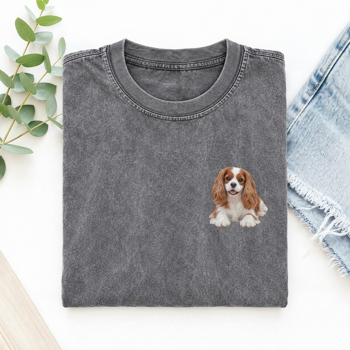 Cavalier Spaniel Lying Down Left Chest Vintage T-shirt – Grey