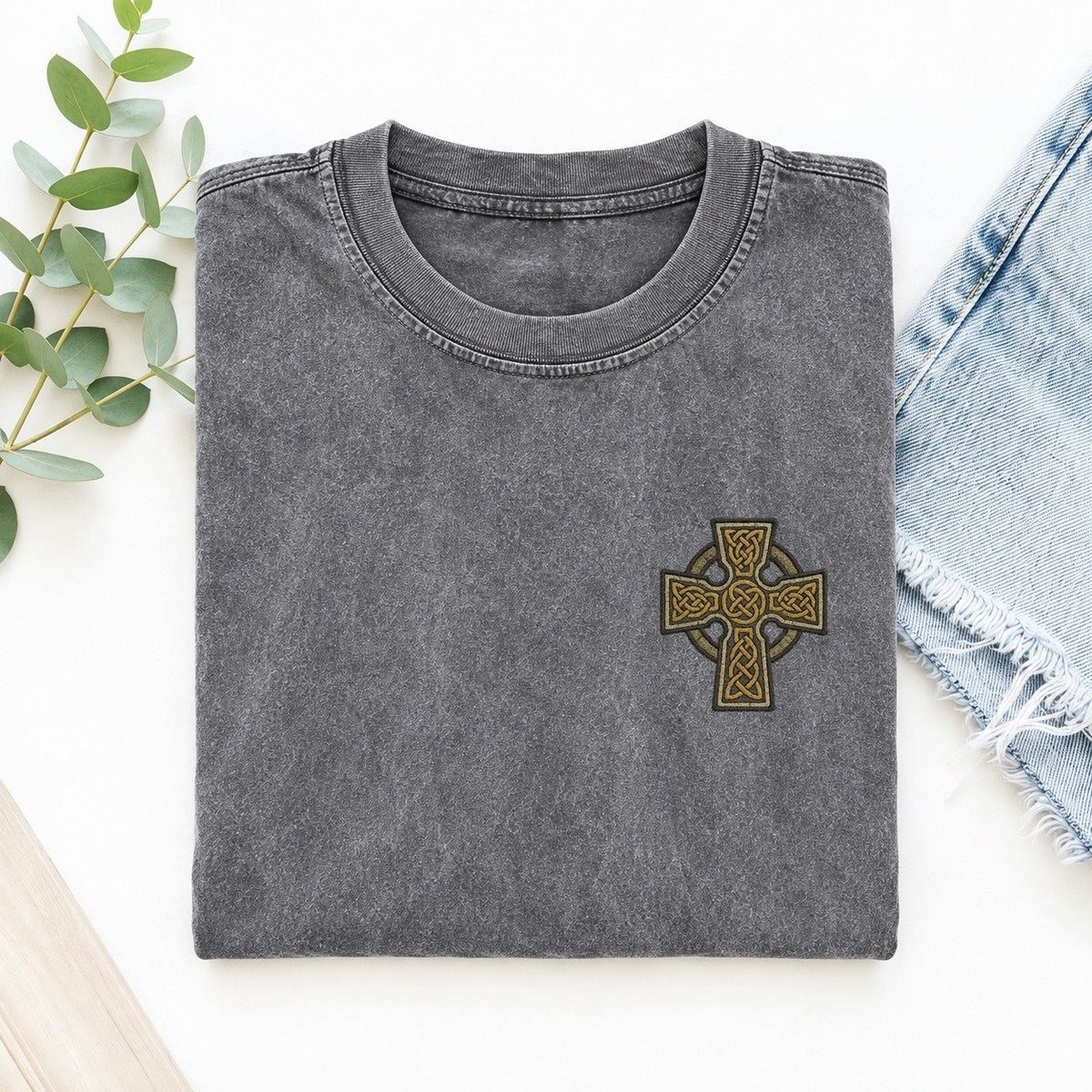 Celtic Cross Left Chest Vintage T-shirt – Grey