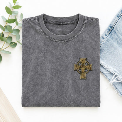 Celtic Cross Left Chest Vintage T-shirt – Grey