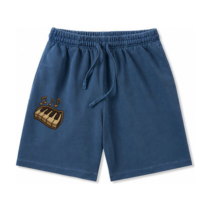 Piano Keys Ivory And Ebony Keys With Music Notes Washed Shorts – Denim Blue