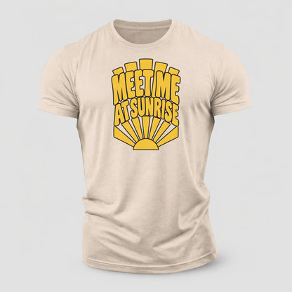 Meet Me At Sunrise Sunburst Sayings Cotton T-Shirt – Sand