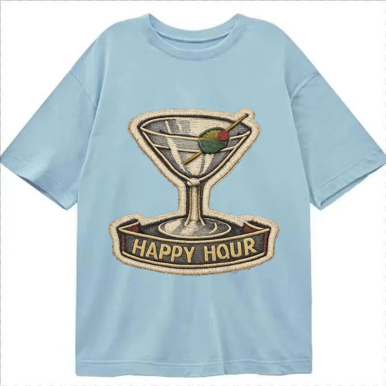Embroidered Patch Design Cocktail Martini Martini Glass With Classic T-shirt – Light Blue