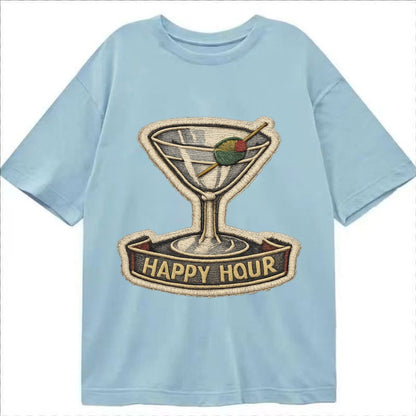 Embroidered Patch Design Cocktail Martini Martini Glass With Classic T-shirt – Light Blue