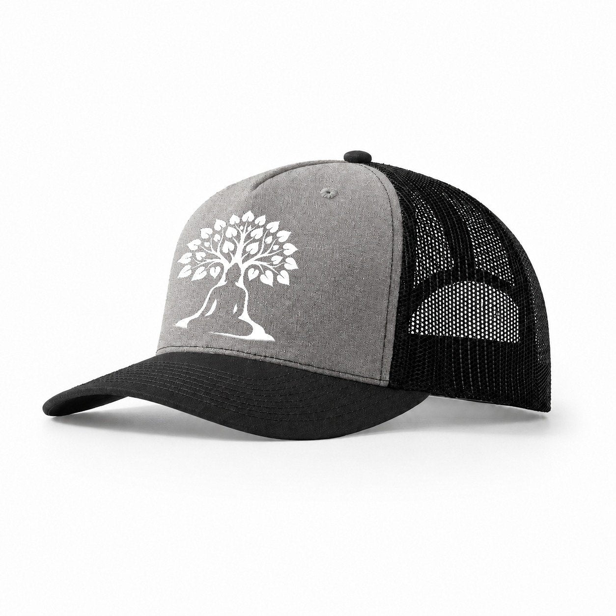 Buddha Silhouette Meditating Negative Space Forms Bodhi Tree Trucker Hat – Grey-Black