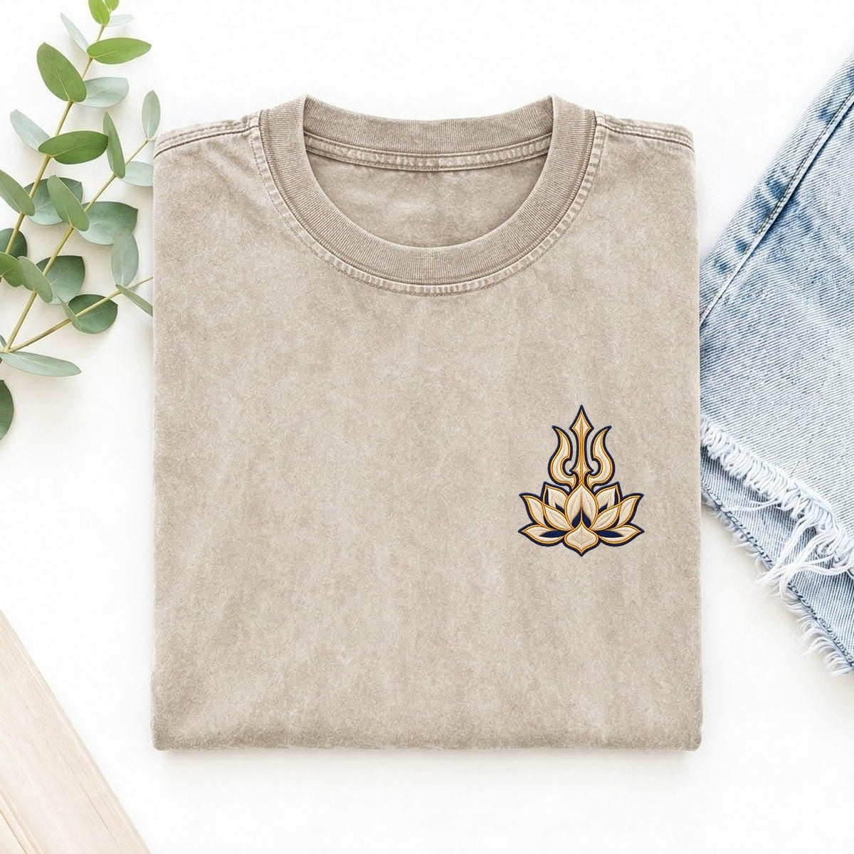 Trishula Lotus Symbol Emblems Left Chest Vintage T-shirt – Off White