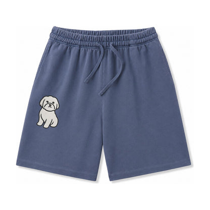 Maltese Pure White Fluffy Embroidered Design Washed Shorts – Navy Blue