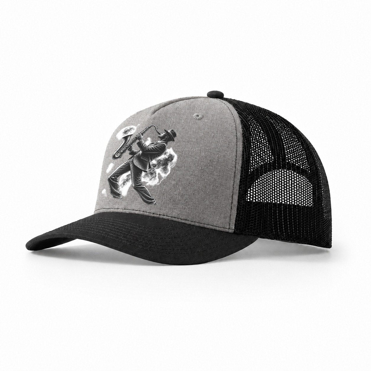 Saxophonist Playing Jazz In Smoky Room Trucker Hat – Grey-Black