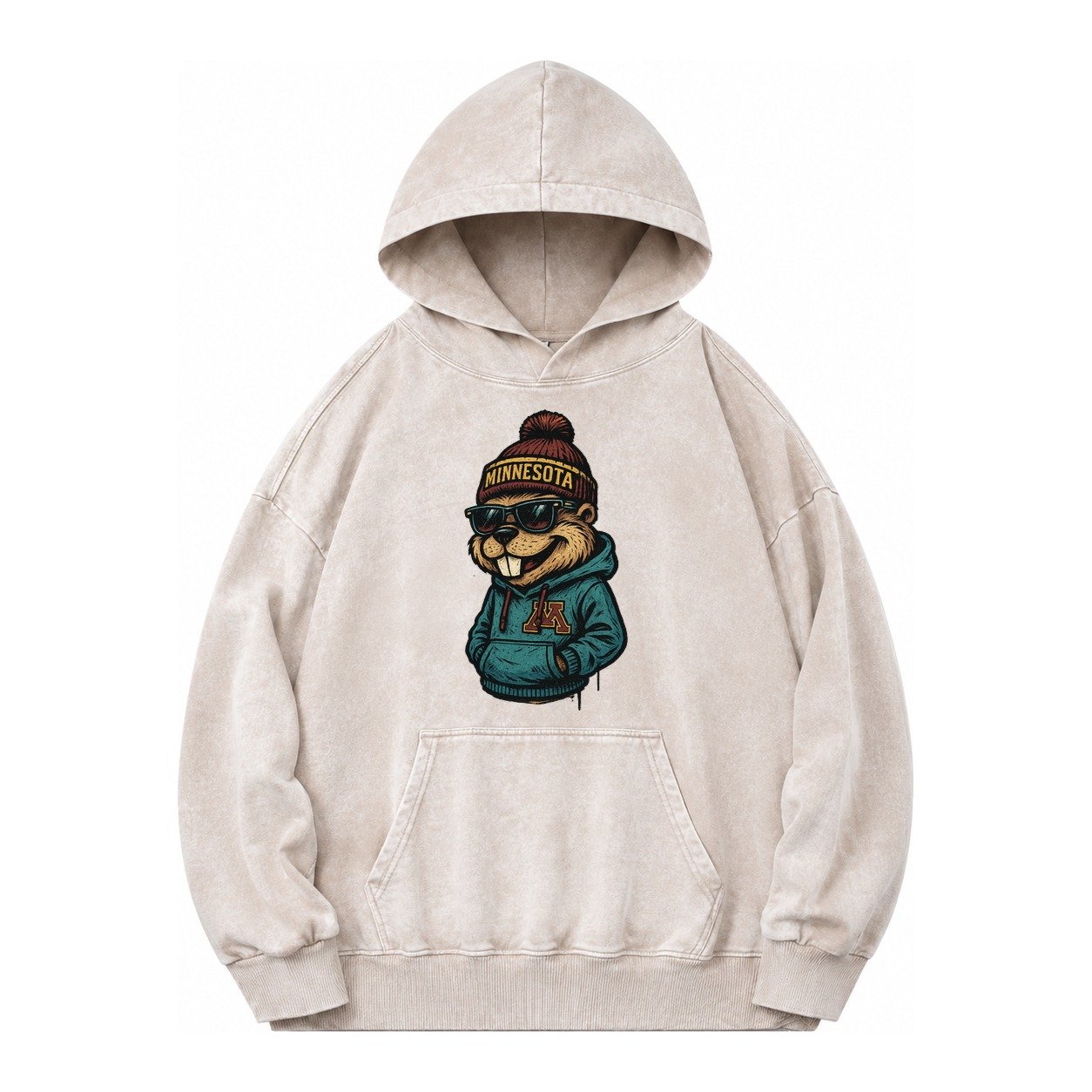 Minneapolis Gopher Wearing Minnesota Beanie With M Patch Vintage Washed Hoodie – Off White