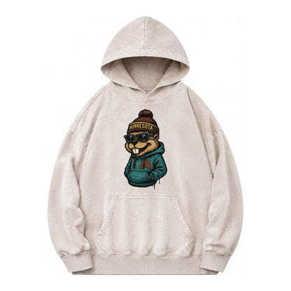 Minneapolis Gopher Wearing Minnesota Beanie With M Patch Vintage Washed Hoodie – Off White