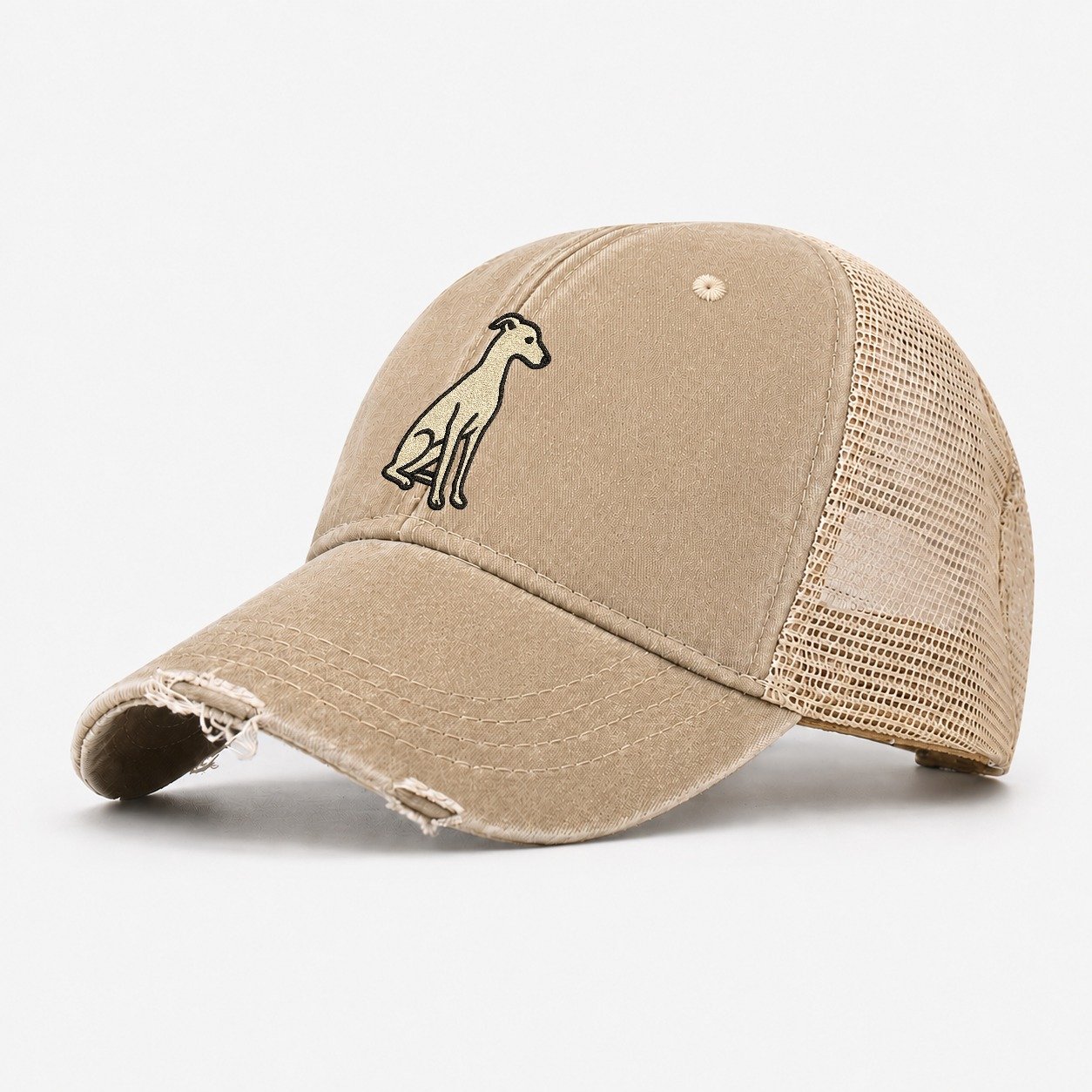 Italian Greyhound Gray Sitting Pose Washed Trucker Hat – Khaki