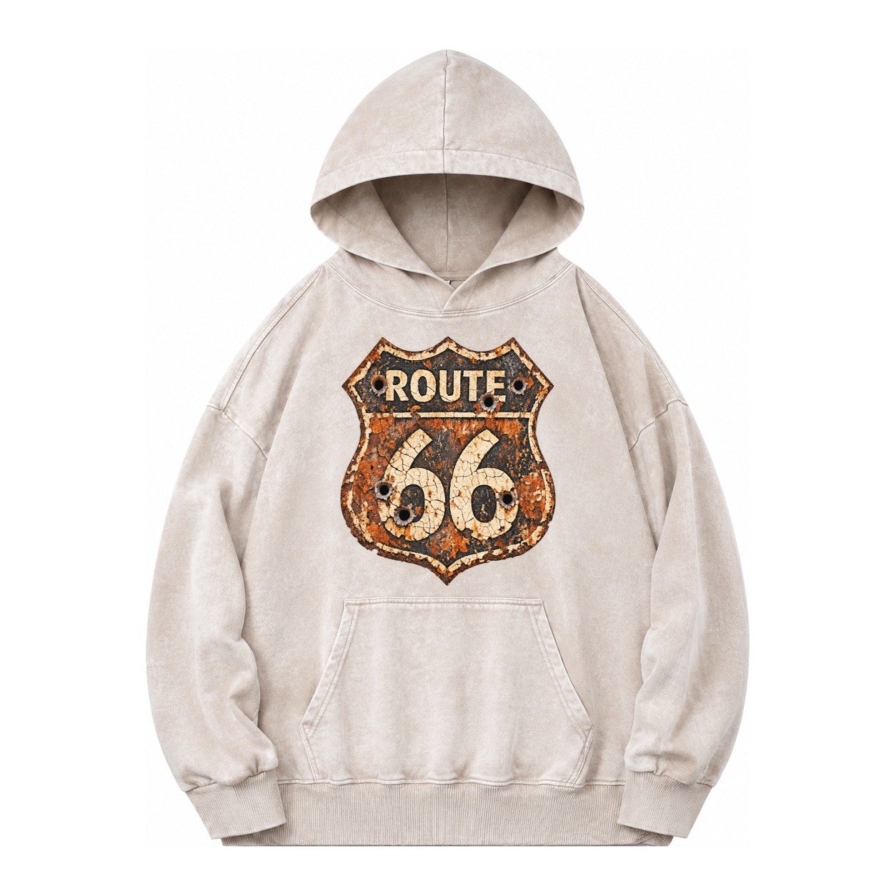 Weathered Marker Rust Aged Route 66 Sign Desert Sun Bleached Vintage Washed Hoodie – Off White