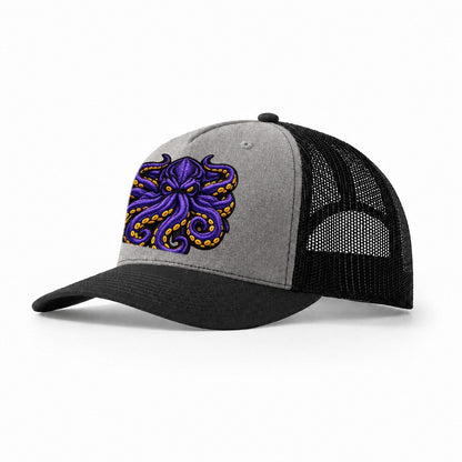 Embroidered Patch Design Kraken Tentacles Sea Monster In Pur Trucker Hat – Grey-Black