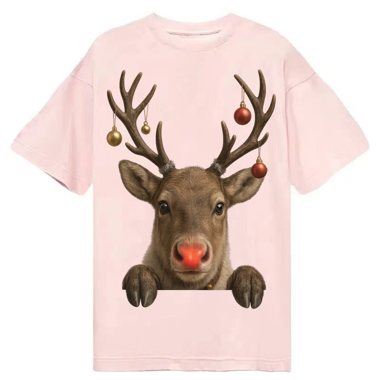 Christmas Reindeer Red Nose Glowing Antlers With Ornaments J Classic T-shirt – Pink