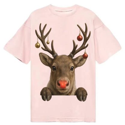 Christmas Reindeer Red Nose Glowing Antlers With Ornaments J Classic T-shirt – Pink