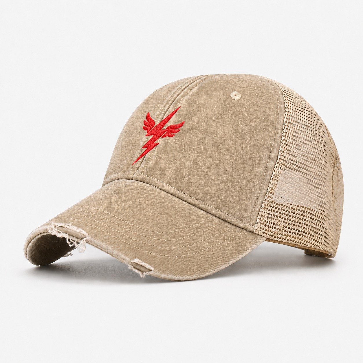 Winged Lightning Bolt Micro Motion Mark Washed Trucker Hat – Khaki