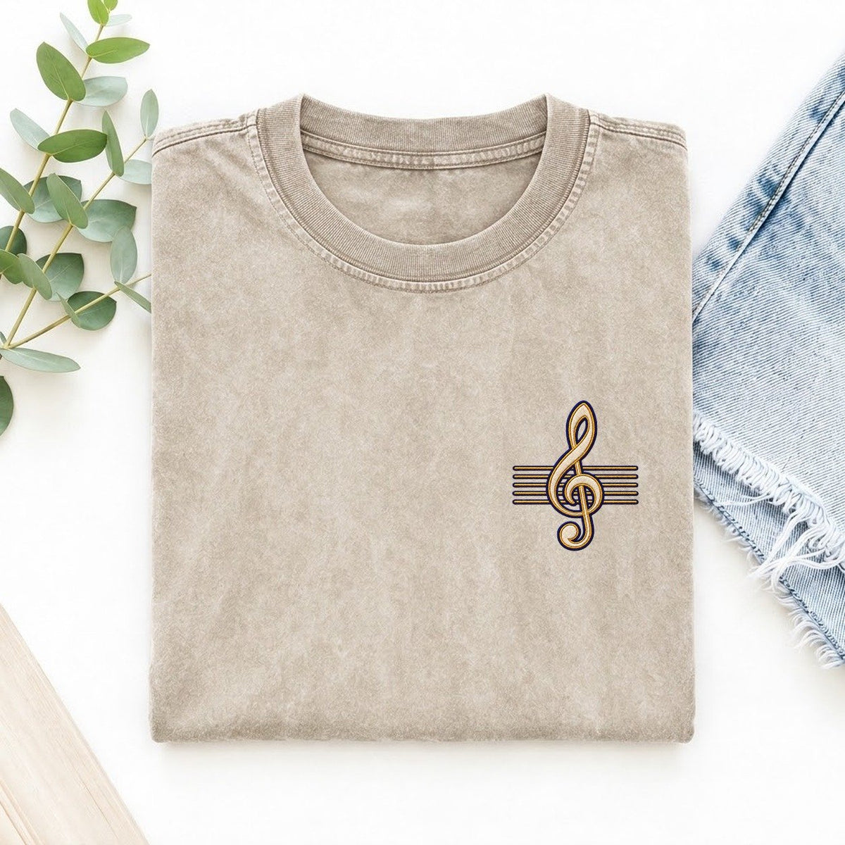 Treble Clef Symbol Emblems Left Chest Vintage T-shirt – Off White