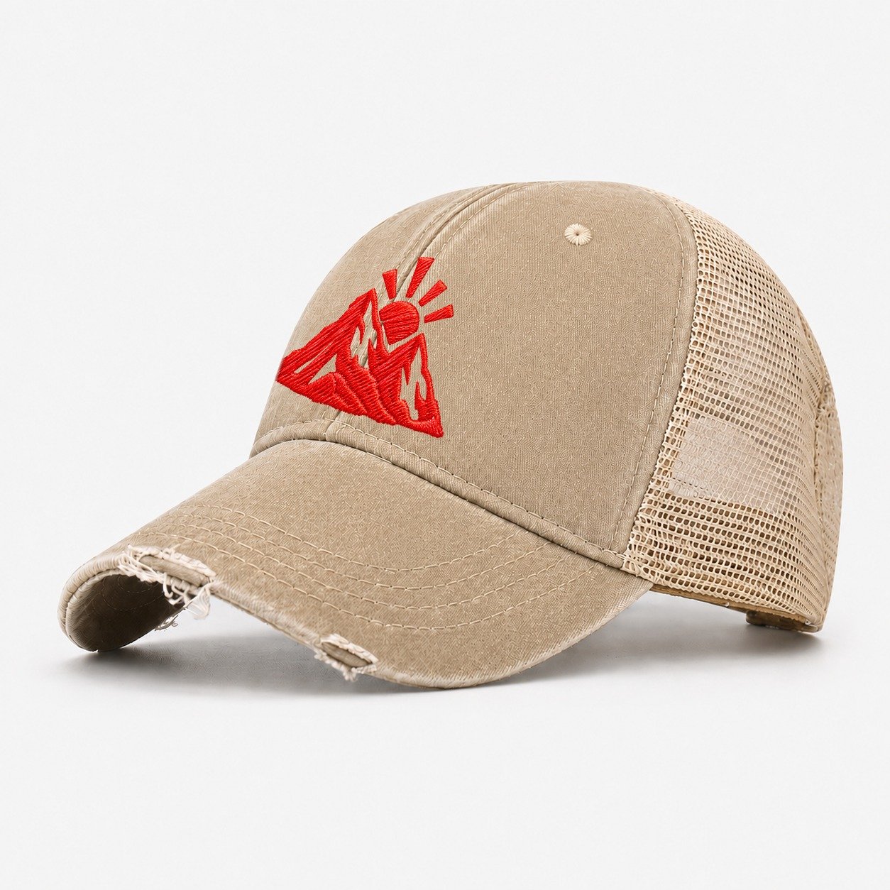 Mountain Sunrise Cut Micro Motion Mark Washed Trucker Hat – Khaki