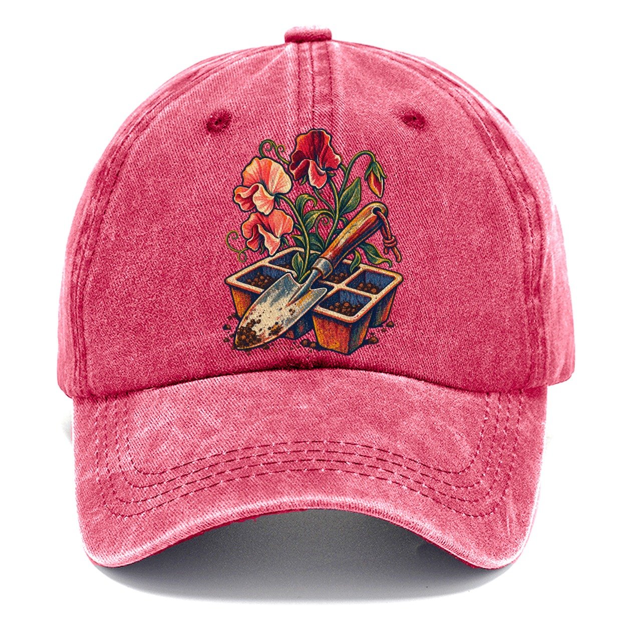 Garden Trowel Seed Tray And Sweet Peas Uk Culture Heritage Classic Cap – Pomegranate Blush