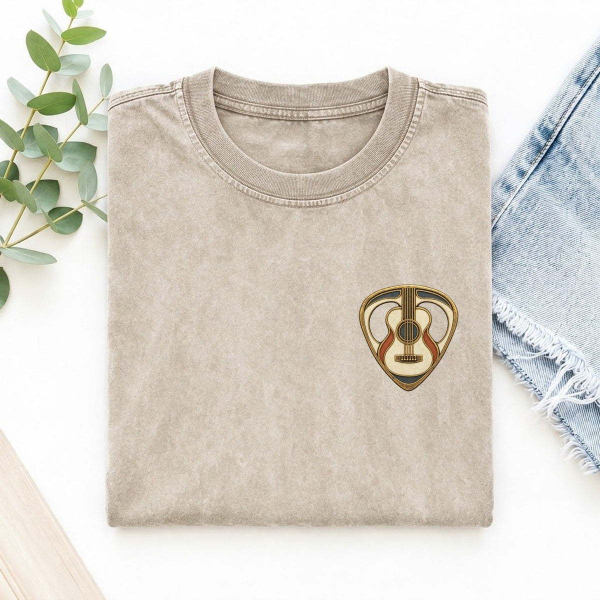 Guitar Pick And Strings Keepsake Emblem Left Chest Vintage T-shirt – Off White