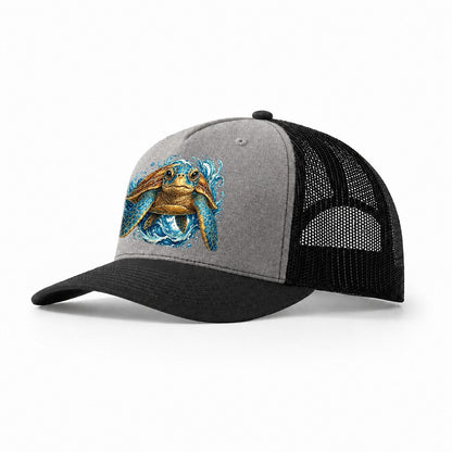 Ornate Sea Turtle Waves Trucker Hat – Grey-Black