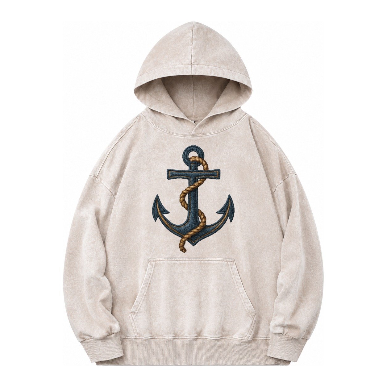 Anchor And Rope Nautical Illustration Vintage Washed Hoodie – Off White